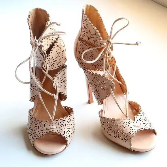 Schutz Tan Perforated Leather Heels Lace-up Peep Toe Summer Shoes Size 6.5 - Picture 5 of 16